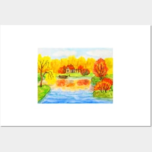 Autumn landscape with house  on lake Posters and Art